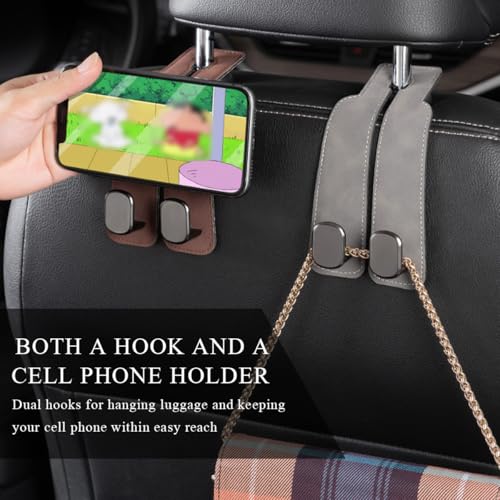 2 PCS Car Seat Headrest Hook, Back Seat Hanger with Double Flexible Leather Hooks, Soft Leather Double Headrest Metal Hooks Purse Handbag Organizer, Car Accessories (Black)