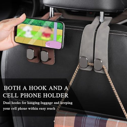 2 PCS Car Seat Headrest Hook, Back Seat Hanger with Double Flexible Leather Hooks, Soft Leather Double Headrest Metal Hooks Purse Handbag Organizer, Car Accessories (Black)
