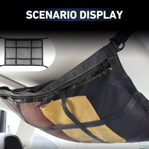 Car Ceiling Cargo Net, 20.87" x 31.49" Snap-on Roof Cargo & Trunk Organizer, Zip Seal Car Roof Storage Net for Road Trips, Universal for Most Cars, SUVs, Trucks (Black)