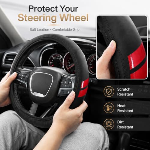 YOSRTER Steering Wheel Cover for Dodge Charger Durango Challenger Journey Ram Breathable Anti-Slip Leather Wheel Covers for Dodge Steering Wheel Accessories Compatible 14-15 Inch（Red Trim） - color: Red Trim