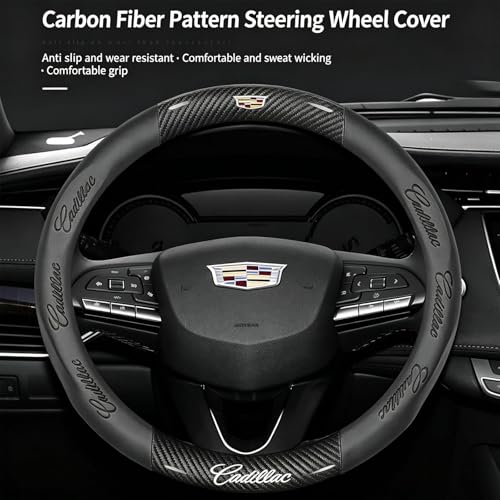 fir for Cadillac Steering Wheel Cover, Carbon Fiber Texture Nappa Leather,Custom Embossed Logo, Round Shape,Car Steering Wheel Protector Compatible with Cadillac Escalade XT4 XT5 XT6 Accessories