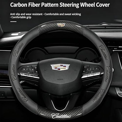 fir for Cadillac Steering Wheel Cover, Carbon Fiber Texture Nappa Leather,Custom Embossed Logo, Round Shape,Car Steering Wheel Protector Compatible with Cadillac Escalade XT4 XT5 XT6 Accessories