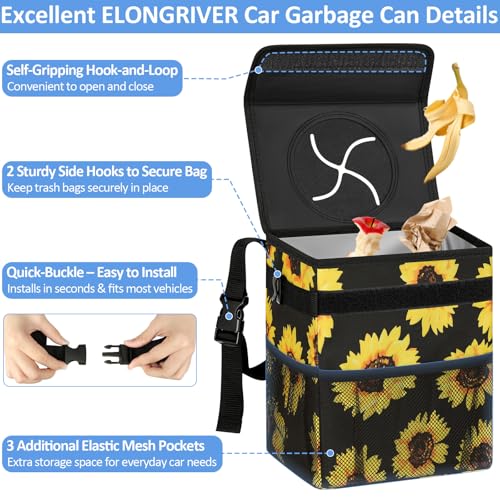 ELONGRIVER Car Trash Can Bin for Back Seat Leak Proof, Cute Car Trash Bag Hanging, Vehicle Trash Can for SUV Truck Van, Automotive Garbage Cans Front Seat Sunflower Floral - color: Sunflower, size: 3 Gallons