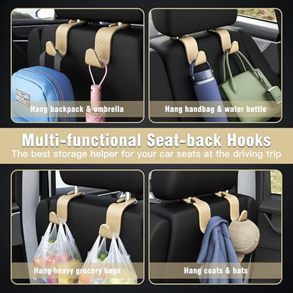 4-Pack Car Headrest Hooks Vehicle Storage Organizer for Purses Handbags Groceries Coats – Heavy Duty 360° Rotating Simple Design Checkered Beige - color: L-Beige Checkered