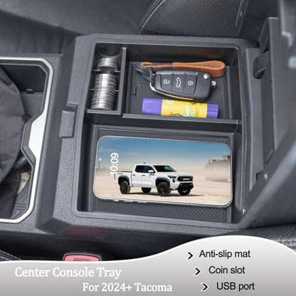 JDMCAR Center Console Organizer Compatible with 2024 2025 2026 Toyota Tacoma Accessories, Armrest Insert ABS Plastic Coin Holder Secondary Storage Box (Black Trim) - color: Black-fits 2024+ tacoma