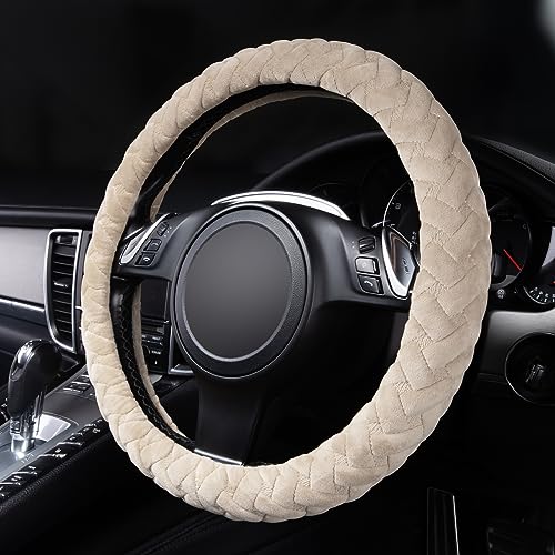Flying Banner car Steering Wheel Cover Massage Velvet Warm Universal Size 15 inches SUV Truck Anti Slip Odorless Summer Winter (Beige, Velvet Massage) - color: Beige