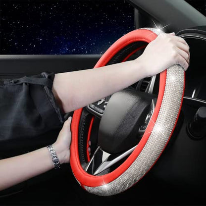 Bling Diamond Leather Steering Wheel Cover for Women Girls with Crystal Rhinestones, Universal Fit 14.5-15 Inch Car Steering Wheel Cover Accessories - color: Red