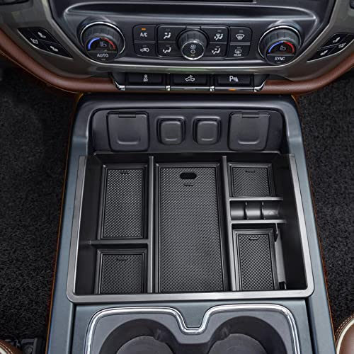 Center Console Organizer Tray Compatible with 2014-2018 Chevy Silverado/GMC Sierra 1500 Accessories 2015-2019 Silverado/Sierra 2500HD/3500HD Compartment Storage,Full Console w/Bucket Seat ONLY - color: Black Trim