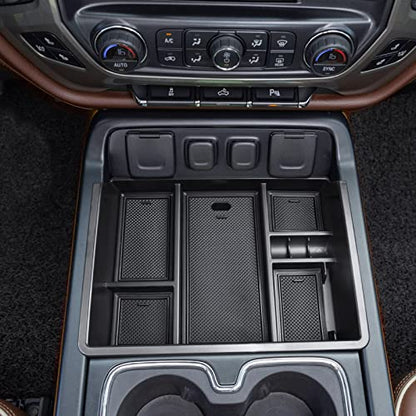 Center Console Organizer Tray Compatible with 2014-2018 Chevy Silverado/GMC Sierra 1500 Accessories 2015-2019 Silverado/Sierra 2500HD/3500HD Compartment Storage,Full Console w/Bucket Seat ONLY - color: Black Trim