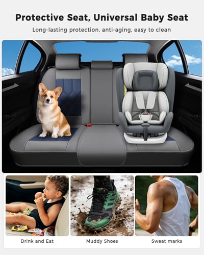 Huidasource Seat Covers Full Set, Universal Fit for Most Cars SUVs Trucks, Full Coverage Leather Seat Cover, Airbag, Cupholder Compatible, Seat Function Retain, Easy Install with Velcro, Gray&Blue - color: FS: Gray&Blue, size: Full Set
