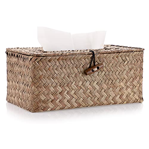 Sumnacon Tissue Box Cover Rectangle Tissue Box Seagrass Tissue Box Holder Woven Tissue Holder Decorative Tissue Cover for Bathroom Tissue Box Cover Rectangular for Home Office Table Coffee - color: Coffee, size: Medium