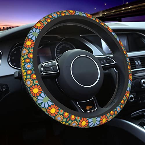 Hippie Daisy Flower Steering Wheel Cover for Women Men with 2 Pcs Car Coasters, Universal 14.5-15 Inch Rainbow Steering Wheel Covers Non-Slip Car Accessories for Girls - color: Daisy
