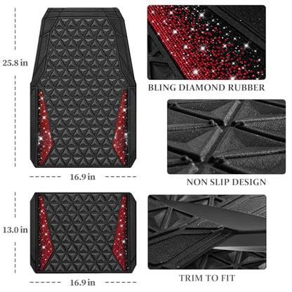 CAR PASS Bling Diamond Car Mats Rubber Floor Mats Full Set Anti-Slip 3D Rhombus Waterproof Trim to Fit Liner Universal Glitter Crystal Sparkly Shining Rhinestone Girl Women SUV Sedan Van, Black Red - color: Red Diamond