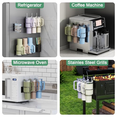 Magnetic Cup Holder for Fridge, Aufworld Tumbler Organizer Fits 20/30/40 oz Stanley Cups, Accessory Storage with Lid & Straw Holder, Space-Saving Storage Rack for Kitchen Fridge (Black-Cup Holder Set)