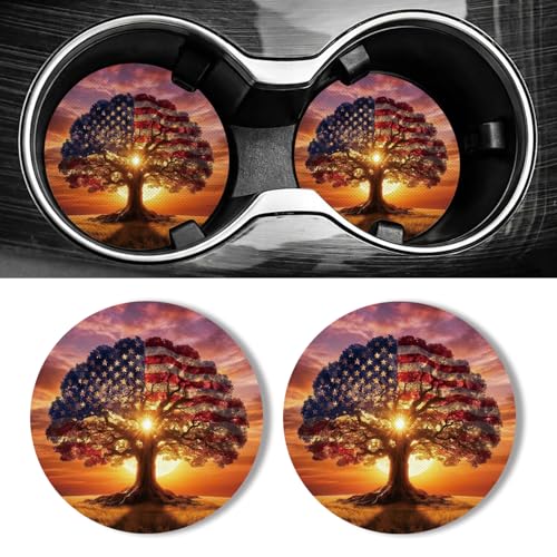 WOCOCN Car Coasters for Cup Holders - 2 Pack 2.75" Universal Rubber Car Cup Coaster, Non-Slip Waterproof Car Interior Accessories, Cute Car Decor Gifts for Women and Men (Flag Tree) - color: Flag Tree