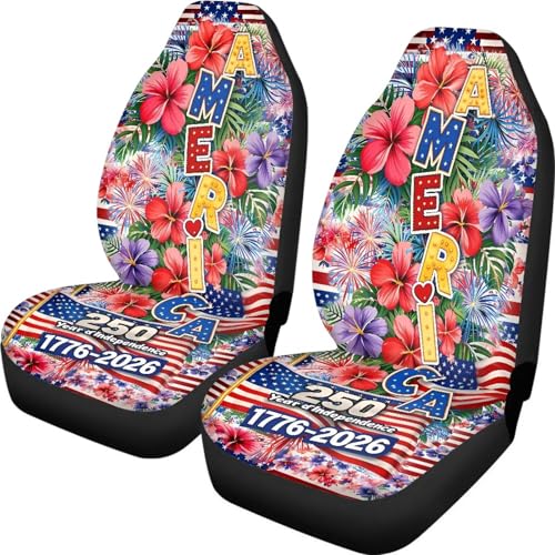 American 250th Anniversary Patriotic Car Seat Covers Two Front Only, Hawaii Hibiscus Flower Automotive Interior Covers Front Seat Protectors, Universal for Car, Truck, SUV - color: American 250th Hibiscus