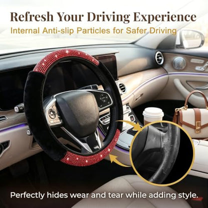 Bling Steering Wheel Cover for Women Girls, Red Rhinestone Diamond Sparkling Fur Fluffy Steering Wheel Accessories Elastic Steering Wheel Covers Winter Warm Universal Fit 14-15 inches - color: Red