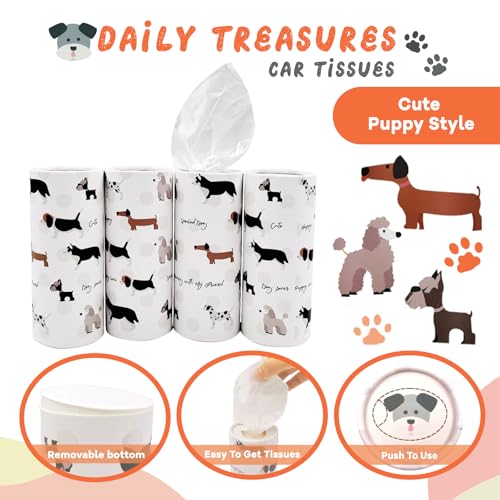 4 Pack Car Tissue Box with Facial Tissues,Cute Round Tissue Boxes for Car,Puppy Car Tissue Holder,Refill Cylinder Tissues for Car Holder Travel Bathroom(Dog)