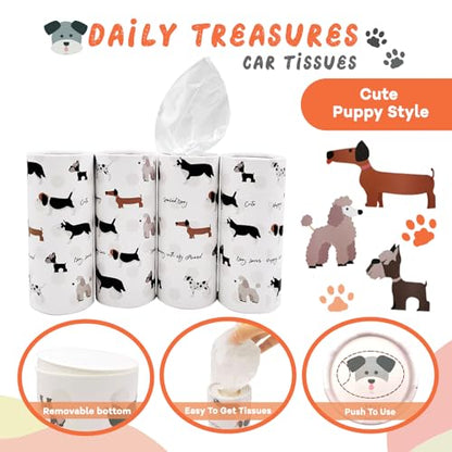 4 Pack Car Tissue Box with Facial Tissues,Cute Round Tissue Boxes for Car,Puppy Car Tissue Holder,Refill Cylinder Tissues for Car Holder Travel Bathroom(Dog)