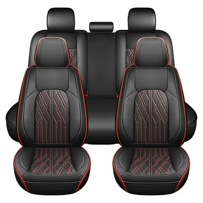 Huidasource Car Seat Covers Full Set, Leather Seat Cover Universal Fit for Most Cars Sedans SUVs Trucks, Airbag Compatible, Cup Holder Access, Easy Install, Wipes Clean, Wear-Resistant, Black&Red - color: A-Black&Red, size: 5pcs Full Set