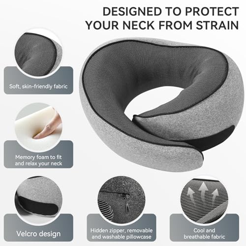 SZXYX Neck Travel Pillows - 100% Pure Memory Foam Neck Pillow for Airplanes, Comfortable Breathable Cover, 360° Support Stowable Pillows for Sleeping, Car, Airport Travel Essentials, Gray