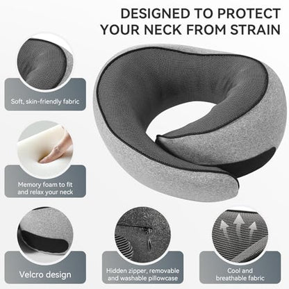 SZXYX Neck Travel Pillows - 100% Pure Memory Foam Neck Pillow for Airplanes, Comfortable Breathable Cover, 360° Support Stowable Pillows for Sleeping, Car, Airport Travel Essentials, Gray
