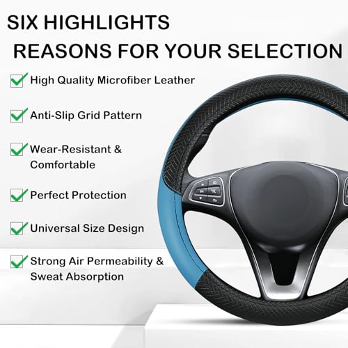 Leather Patchwork Black Blue Steering Wheel Cover, 14.5-15 Inch Non-Slip Breathable Microfiber Car Steering Wheel Protector - color: Leather Patchwork - Black Blue