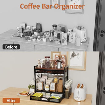 Coffee Bar Organizer Station with CoffeePod Drawer Mug Cup Holder and Tea Condiment Storage for Countertop Organizer CoffeeBar Accessories for Kitchen,Home,Office