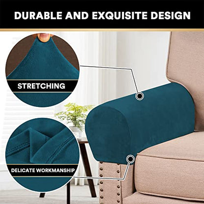 2 Pack Thick Velvet Stretch Armrest Covers for Chairs and Sofas - Non Slip, Deep Teal - color: Deep Teal