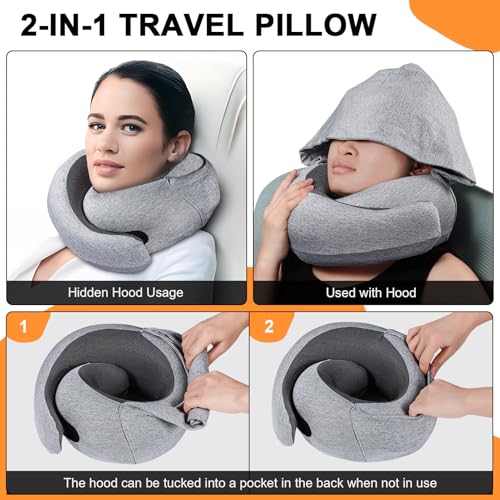 Travel Pillow - Hooded Neck Pillow Airplane Memory Foam Filling for Plane, Cars Sleeping, Road Trip, Long Flights, Airplane Travel Essentials, Includes Eye Mask & Earplugs (Light Gray) - color: Light Gray