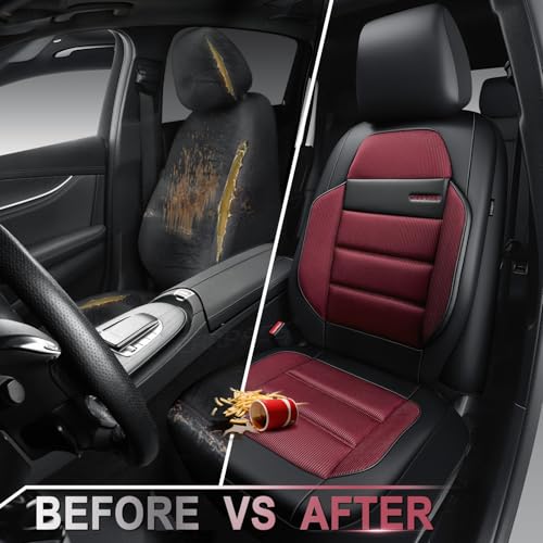 CAR PASS Memory Foam Seat Covers Front, Airy Cool Mesh Thick Car Seat Covers, Leather Car Seat Covers Front Seats Airbag Compatible, Universal Automotive Comfort for Most Cars, Trucks, SUV, Burgundy - color: Burgundy