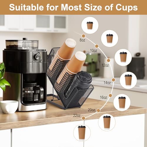 Paper Cup and Lid Holder with Straw Organizer for Countertop Coffee Station Bar Restaurant Breakroom, Metal Midsize Disposable Coffee Cup Dispenser for Plastic Cup Lid Straw, Black
