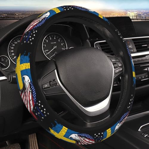Sweden Swede Swedish Flag America Eagle Breathable Neoprene Steering Wheel Cover - Anti-Slip Floral Design Universal Fit for Cars/Trucks/Suvs (14.5"-15" Inch) - color: Sweden Swede Swedish Flag America Eagle