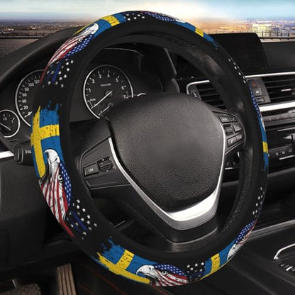 Sweden Swede Swedish Flag America Eagle Breathable Neoprene Steering Wheel Cover - Anti-Slip Floral Design Universal Fit for Cars/Trucks/Suvs (14.5"-15" Inch) - color: Sweden Swede Swedish Flag America Eagle
