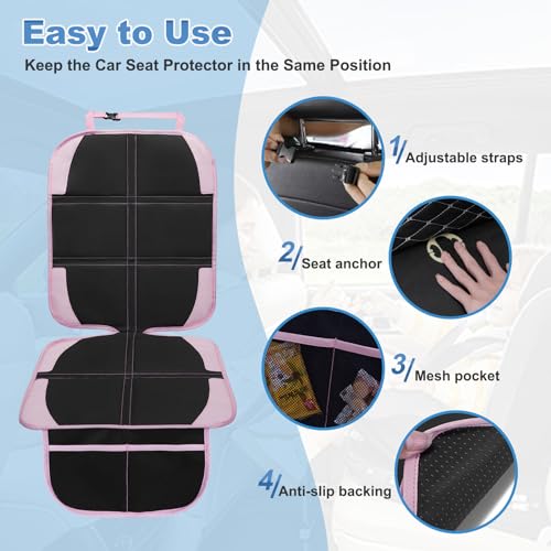 Child Car Seat Protector, 2 Pack with Mesh Pockets & Non-Slip Backing, 600D Durable (Pink, Standard) - color: Pink, size: Standard