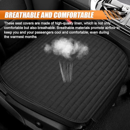 Car Front Seat Cover, Breathable Linen Automotive Seats Cushion, Anti-Slip Vehicle Seat Pad with Storage Pocket, Universal Auto Seats Protection Mat (BlackSg)