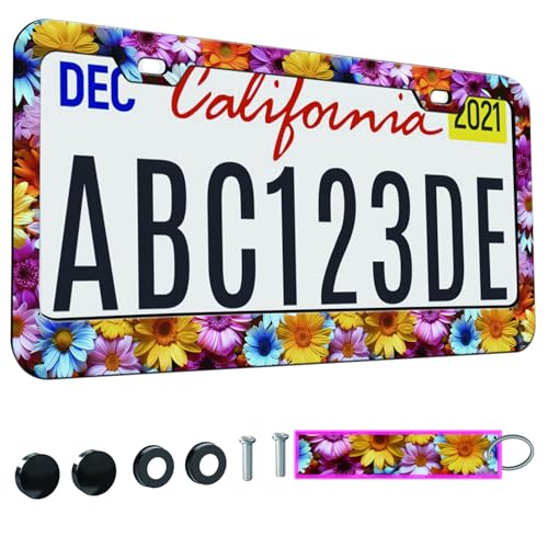 1pcs Watercolor Daisy Floral License Plate Frame for Women,Pink Yellow Blue Daisy car Decorative tag Frames,Colorful Flower License Plate Cover Holder for Vehicle with car Keychain tag - color: for Colorful Daisy Floral, size: 1pcs