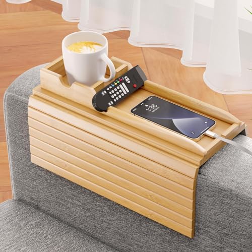 Bamboo Sofa Armrest Tray - Couch Arm Tray with Detachable Couch Cup Holder - 2 in 1 Anti-Slip Foldable Sofa Armchair Caddy Table for Drinks Cellphone TV Remote Snacks - color: Bamboo, size: 16.3" x 13.3" x 2"