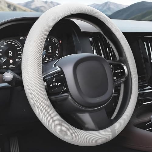 Universal 15 Inch Steering Wheel Cover for Cooling, Non-Slip Breathable Cooling Car Steering Wheel Cover with Upgraded Silicone Inner Ring for Round/D Shape, Warm in Winter Cool in Summer, White Gray - color: Silver Gray