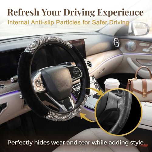 Bling Fluffy Steering Wheel Cover for Women Girls, Rhinestone Diamond Sparkling Fur Steering Wheel Protector Elastic Steering Wheel Covers Winter Warm Universal Fit 14-15 inches -Black - color: Black02