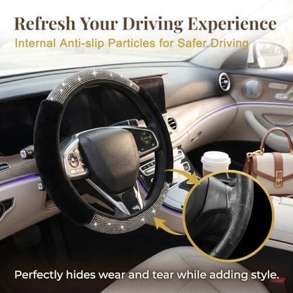 Bling Fluffy Steering Wheel Cover for Women Girls, Rhinestone Diamond Sparkling Fur Steering Wheel Protector Elastic Steering Wheel Covers Winter Warm Universal Fit 14-15 inches -Black - color: Black02