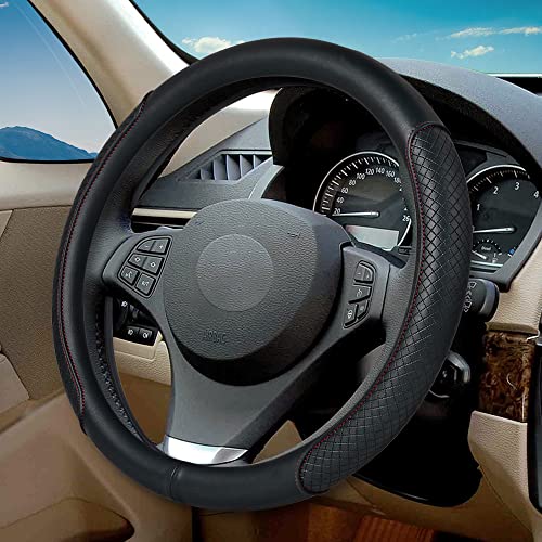 Steering Wheel Cover - Microfiber Leather, Classic Embossing, Anti-Slip Breathable, Fit 15 Inch (Black & Red Line) - color: Black&Red Line
