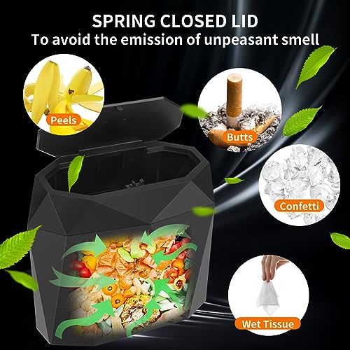 Wontolf Mini Car Trash Can Bin Garbage Can with Lid and 60pcs Trash Bags, ABS Diamond Design Dustbin Car Organizer Container Accessories