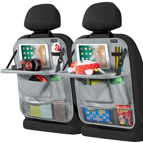 Car Backseat Organizer with Tablet Holder-2 Pcs,6 Storage Pockets Car Storage Organizer with Foldable Food Tray Protectors Kick Mats Travel Accessories-Grey - color: Gunmetal Grey, size: 2 Pack with Food Tray