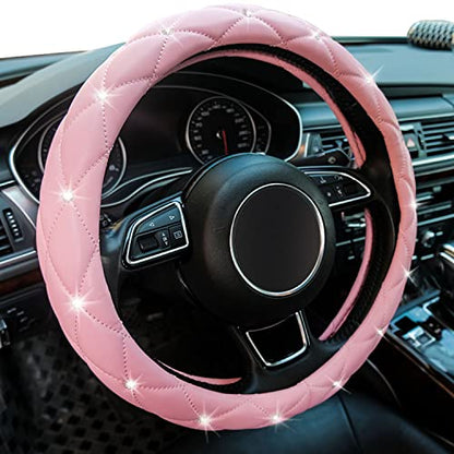 Pink Steering Wheel Cover, Diamond Leather Bling Steering Wheel Cover, Anti-Slip Steering Wheel Protector with Crystal Rhinestones for Women and Girl Fit 14.5-15 inch - color: Pink