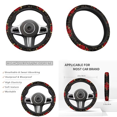 Red Rose 6pcs Car Steering Wheel Cover Set Flower Print Cup Coaster Handbrake Gear Cover Car Interior Accessories Fit Vans Trucks,SUV - color: Red Rose