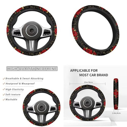 Red Rose 6pcs Car Steering Wheel Cover Set Flower Print Cup Coaster Handbrake Gear Cover Car Interior Accessories Fit Vans Trucks,SUV - color: Red Rose