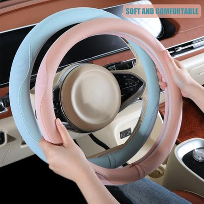 Nappa Leather Blue Steering Wheel Cover, Advanced Microfiber Leather Non-Slip Breathable Fabric, Warm in Winter and Cool in Summer, Universal 15 inch