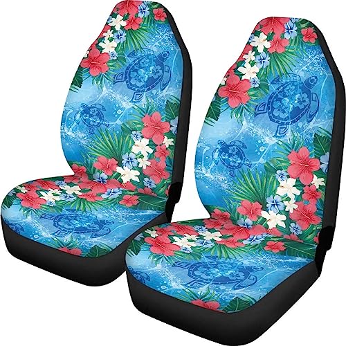 Dreaweet Blue Car Seat Cover Front Seat Only,Tropical Hibiscus Turtle Car Accessories for Women,2 Pieces Universal Fit Front High Bucket Seat Protector for SUV Truck Van Sedans - color: Tropical Hibiscus Turtle