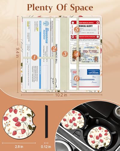 Slohif Car Registration and Insurance Holder - Strawberry Vehicle Glove Box Organizer Women with Magnetic Shut Leather Automobile License Holders Coasters Auto Accessories Case for Document - color: Strawberry